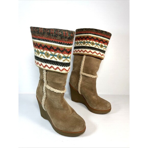 Steve Madden Tan Brown Suede Boots Mid-Calf Sz  6 M Lined Shearling Knit Cuff - Picture 6 of 16